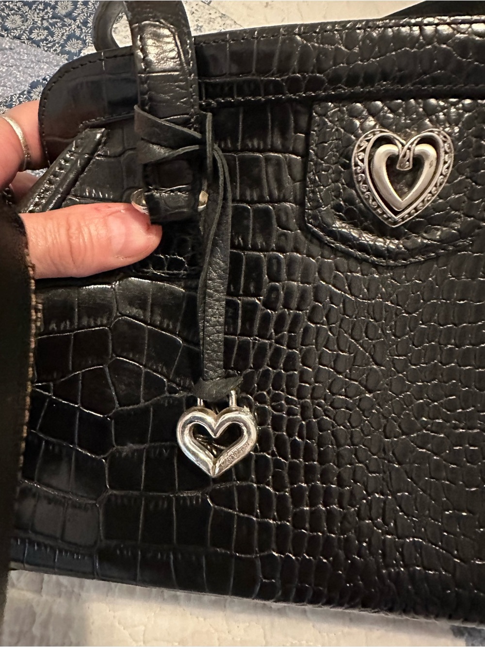 Brighton Black Croc-Embossed Leather Heart Charm Shoulder Bag - Picture 12 of 15